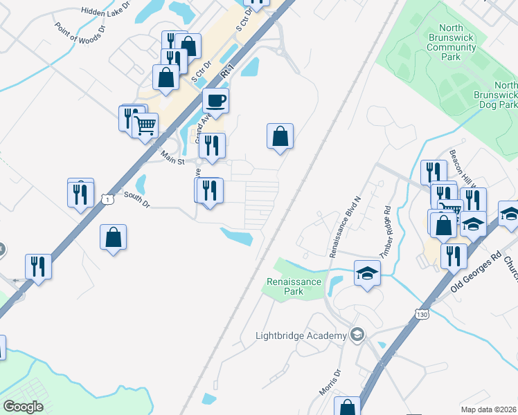 map of restaurants, bars, coffee shops, grocery stores, and more near 6 Bond Street in North Brunswick Township