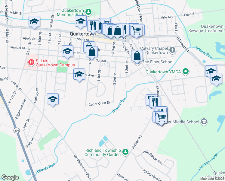 map of restaurants, bars, coffee shops, grocery stores, and more near 234 South 3rd Street in Quakertown