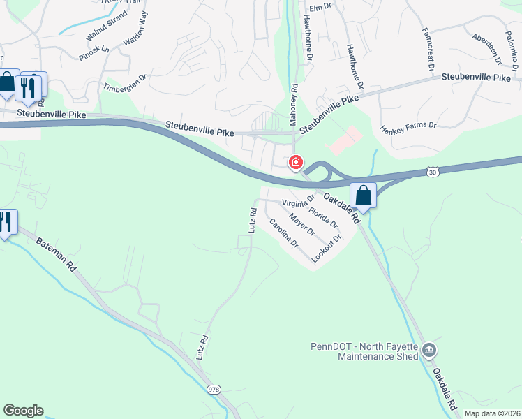 map of restaurants, bars, coffee shops, grocery stores, and more near 408 Carolina Drive in Oakdale