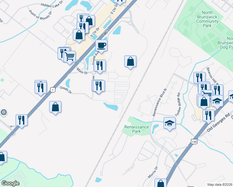 map of restaurants, bars, coffee shops, grocery stores, and more near 6 Bond Street in North Brunswick Township