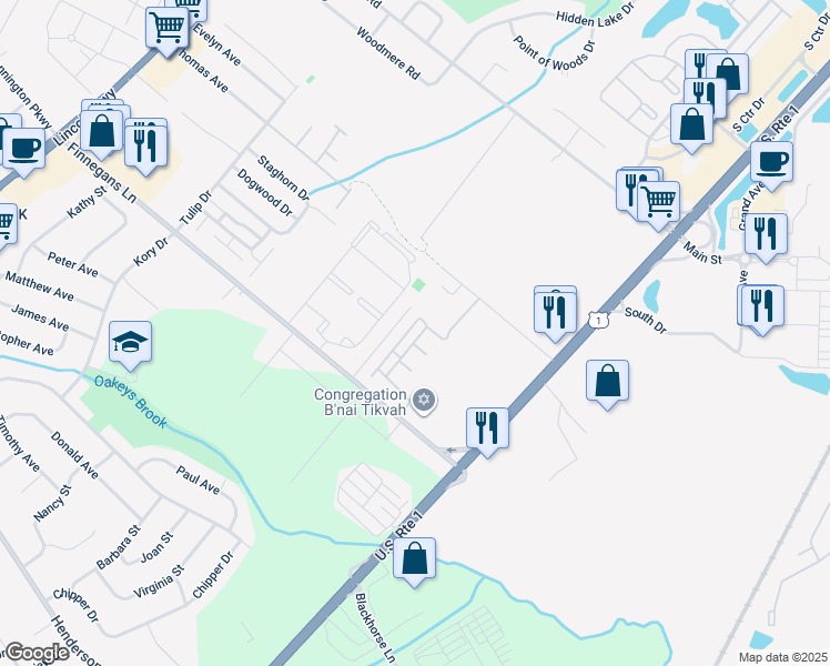 map of restaurants, bars, coffee shops, grocery stores, and more near 41 Sassafras Court in North Brunswick Township