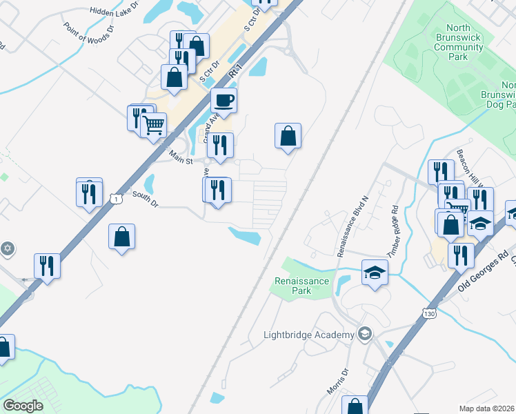 map of restaurants, bars, coffee shops, grocery stores, and more near 6 Bond Street in North Brunswick Township
