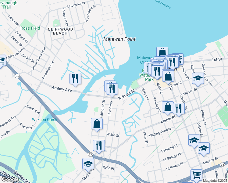 map of restaurants, bars, coffee shops, grocery stores, and more near 19 Broadway in Keyport