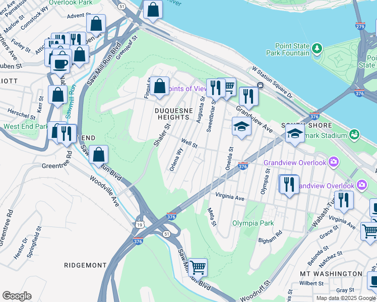 map of restaurants, bars, coffee shops, grocery stores, and more near 415 Augusta Street in Pittsburgh