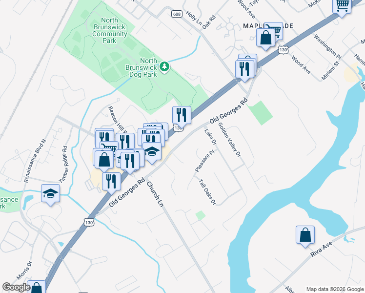 map of restaurants, bars, coffee shops, grocery stores, and more near 406 County Road 695 in North Brunswick Township