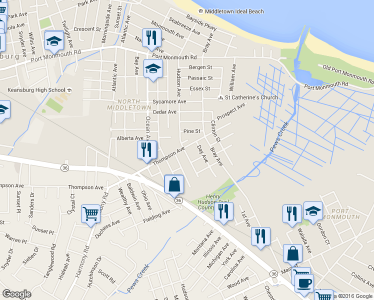 map of restaurants, bars, coffee shops, grocery stores, and more near 237 Thompson Avenue in Middletown
