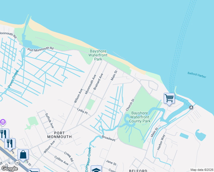 map of restaurants, bars, coffee shops, grocery stores, and more near 30 Main Street in Port Monmouth