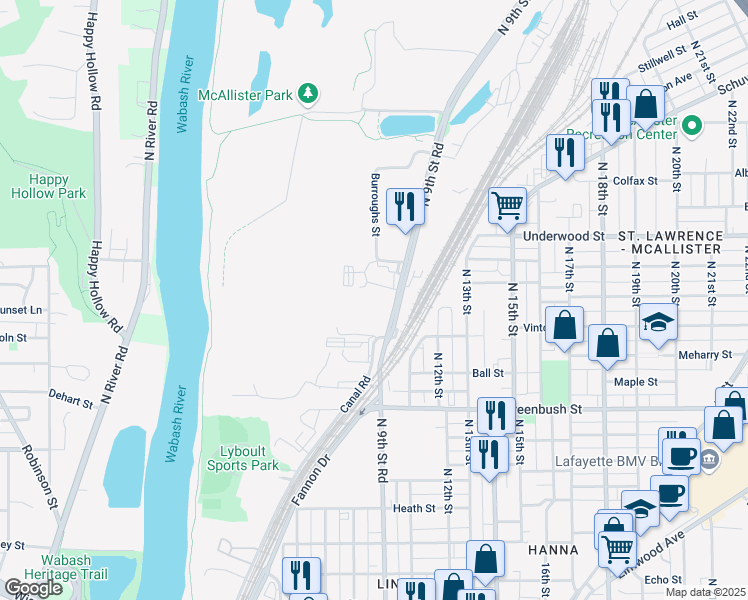 map of restaurants, bars, coffee shops, grocery stores, and more near 1740 North 9th Street in Lafayette