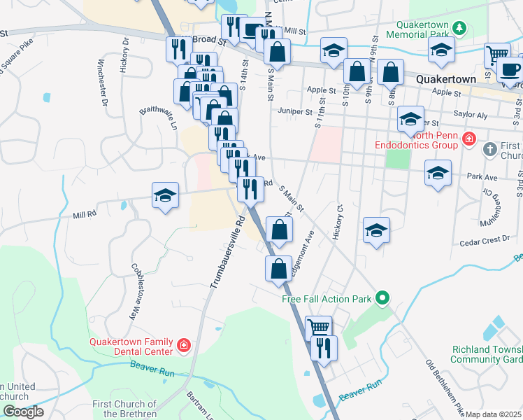 map of restaurants, bars, coffee shops, grocery stores, and more near 321 South West End Boulevard in Quakertown