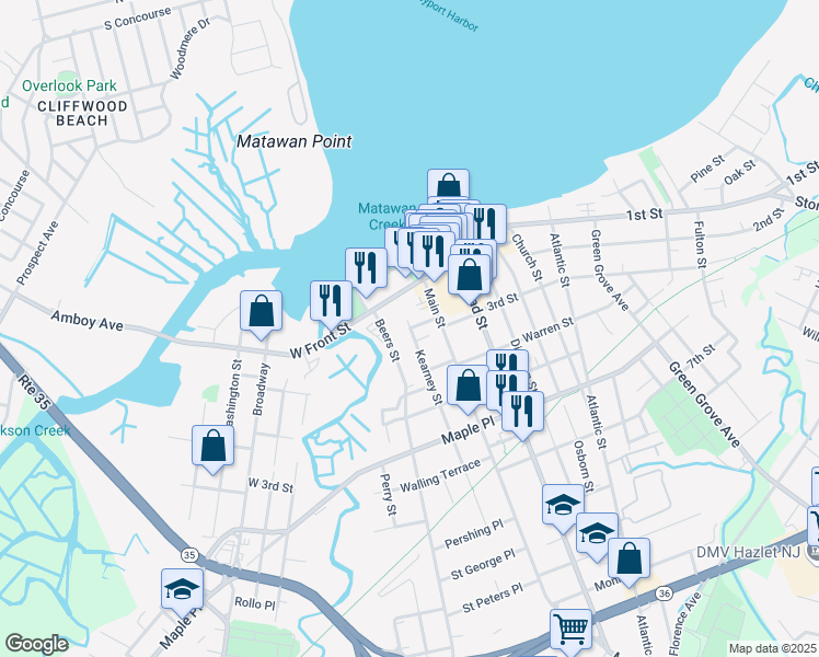map of restaurants, bars, coffee shops, grocery stores, and more near Kearney Street & Barnes Street in Keyport
