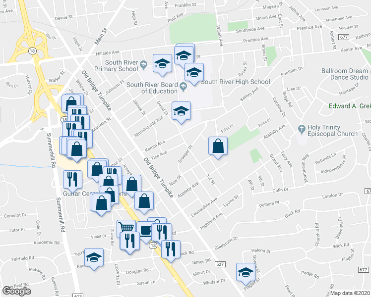 map of restaurants, bars, coffee shops, grocery stores, and more near 93 David Street in South River