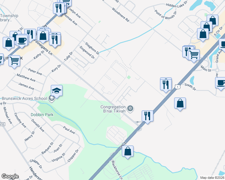 map of restaurants, bars, coffee shops, grocery stores, and more near 7 Petunia Drive in North Brunswick Township
