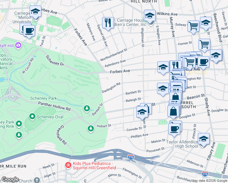 map of restaurants, bars, coffee shops, grocery stores, and more near 5440 Darlington Road in Pittsburgh