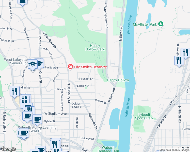 map of restaurants, bars, coffee shops, grocery stores, and more near 930 Rose Street in West Lafayette