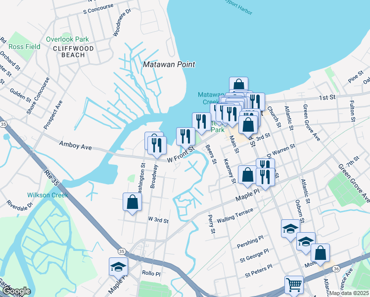 map of restaurants, bars, coffee shops, grocery stores, and more near 124 West Front Street in Keyport