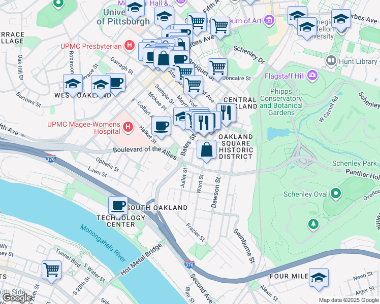 map of restaurants, bars, coffee shops, grocery stores, and more near in Pittsburgh