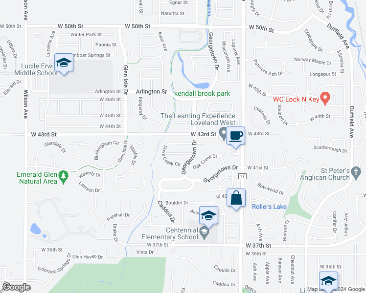 map of restaurants, bars, coffee shops, grocery stores, and more near 1947 Dove Creek Circle in Loveland