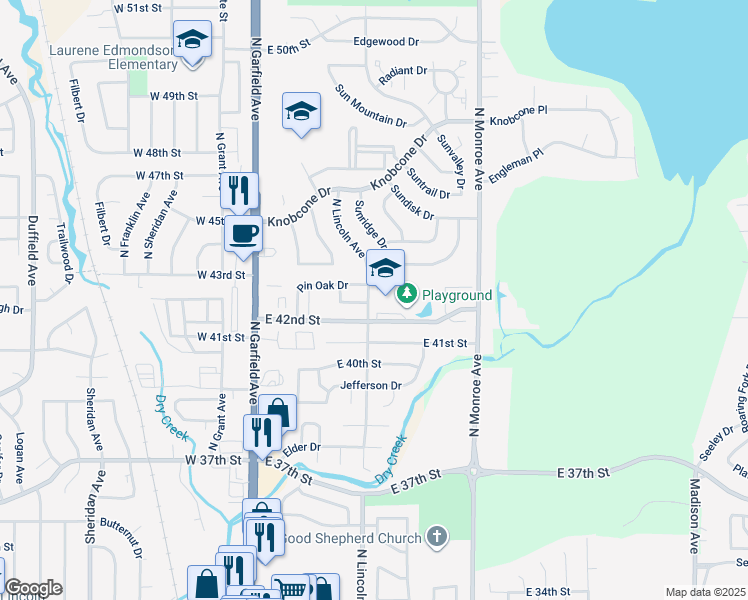map of restaurants, bars, coffee shops, grocery stores, and more near 407 East 42nd Street in Loveland