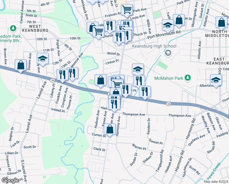 map of restaurants, bars, coffee shops, grocery stores, and more near 9 New Jersey 36 in Keansburg
