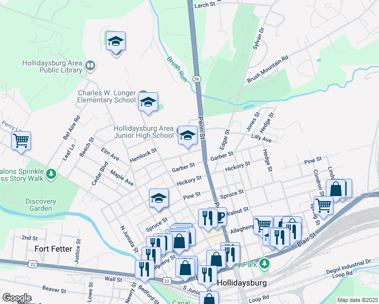 map of restaurants, bars, coffee shops, grocery stores, and more near 1000 Hewit Street in Hollidaysburg