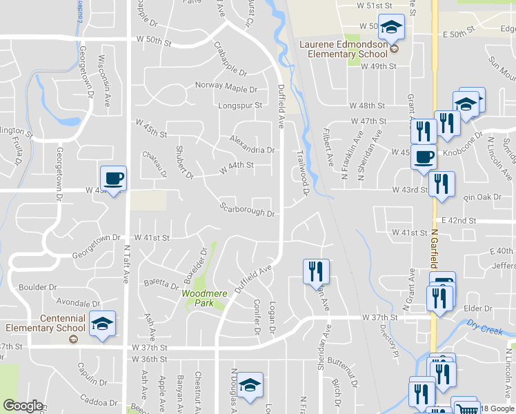 map of restaurants, bars, coffee shops, grocery stores, and more near 851 Scarborough Drive in Loveland