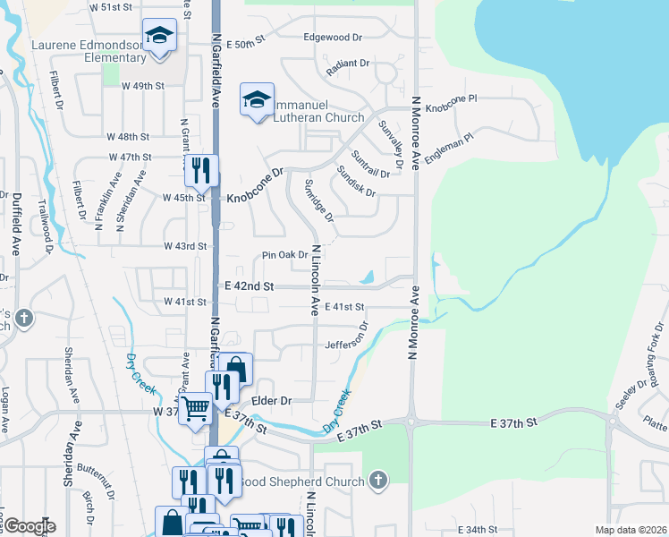 map of restaurants, bars, coffee shops, grocery stores, and more near 407 East 42nd Street in Loveland