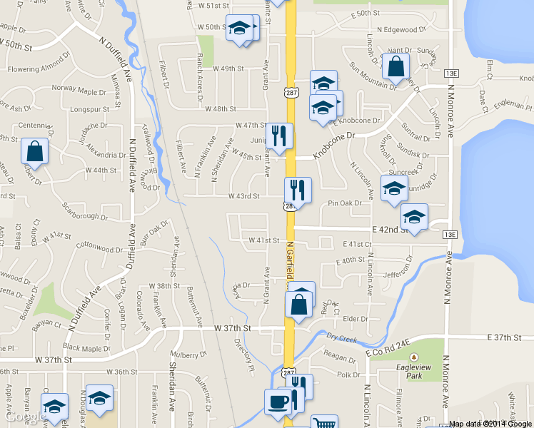 map of restaurants, bars, coffee shops, grocery stores, and more near 4105 North Garfield Avenue in Loveland
