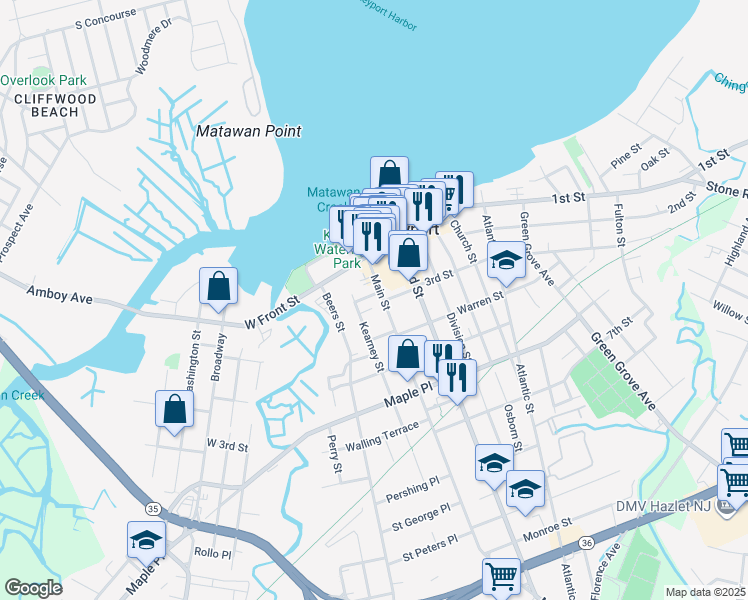 map of restaurants, bars, coffee shops, grocery stores, and more near 11 Kearney Street in Keyport