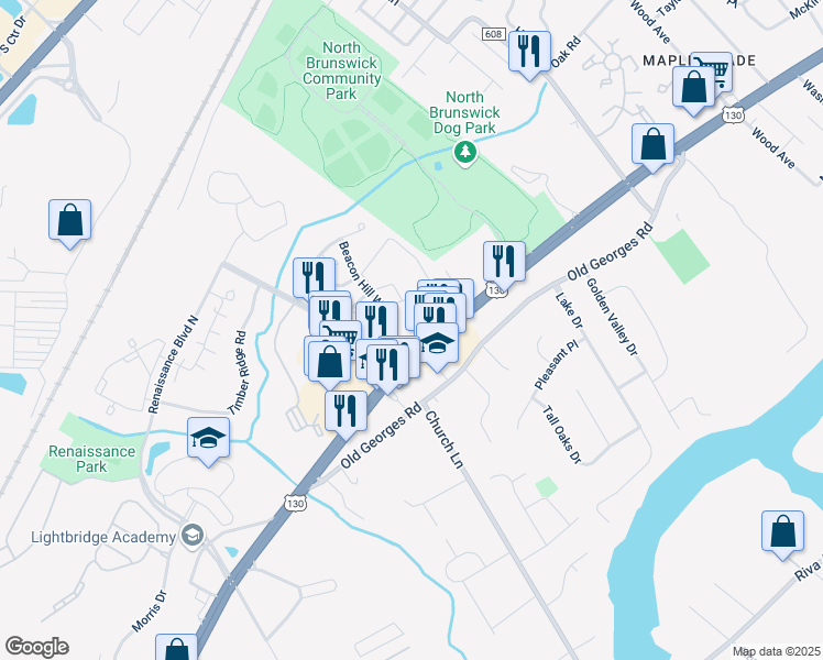 map of restaurants, bars, coffee shops, grocery stores, and more near 112 Copeley Way in North Brunswick Township