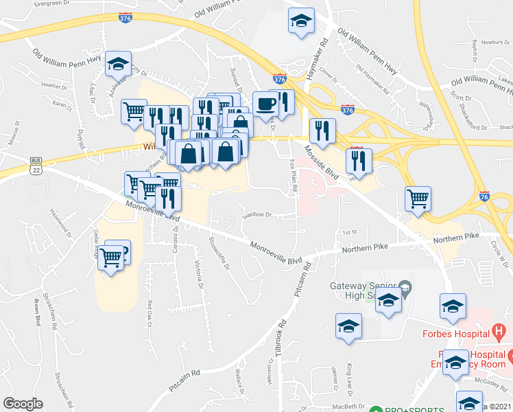 map of restaurants, bars, coffee shops, grocery stores, and more near 4142 Ivanhoe Drive in Monroeville