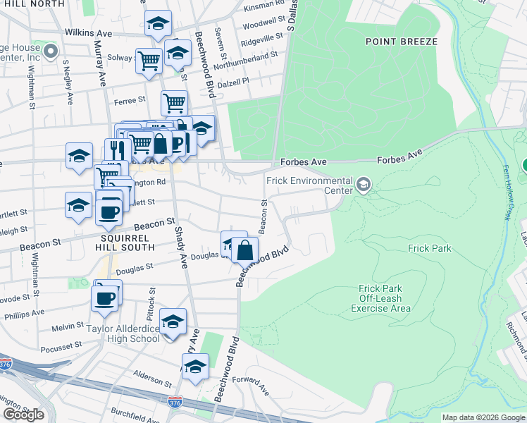 map of restaurants, bars, coffee shops, grocery stores, and more near 6563 Bartlett Street in Pittsburgh