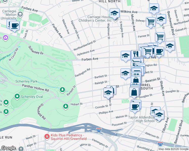 map of restaurants, bars, coffee shops, grocery stores, and more near 5501 Bartlett Street in Pittsburgh