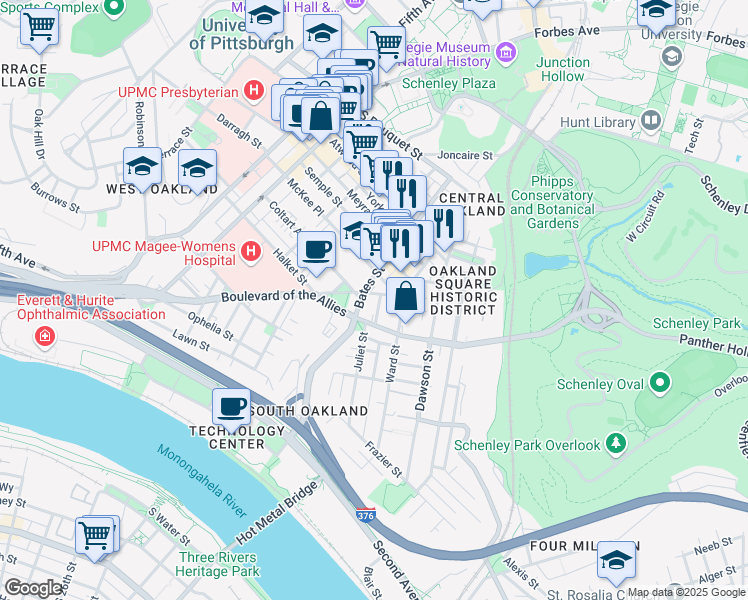 map of restaurants, bars, coffee shops, grocery stores, and more near in Pittsburgh