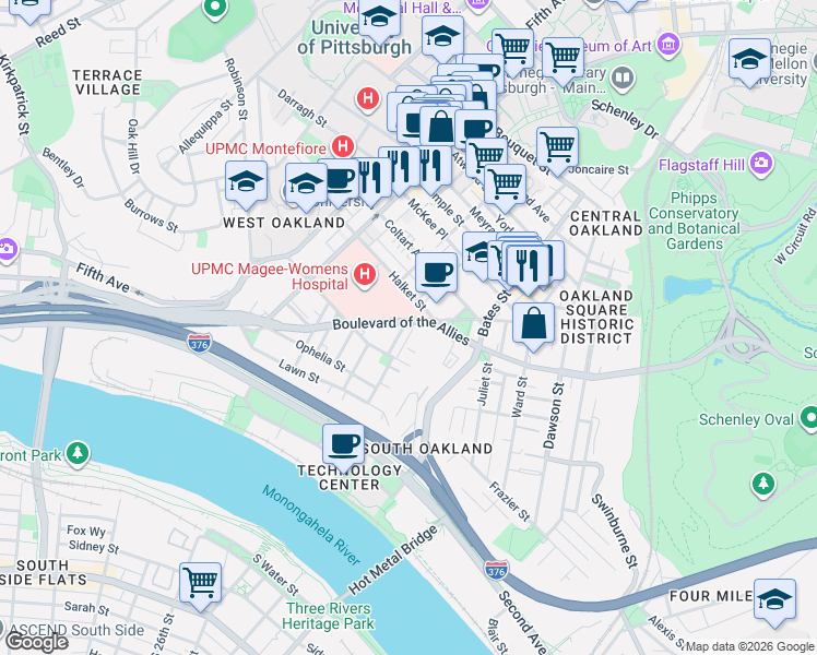 map of restaurants, bars, coffee shops, grocery stores, and more near 3330 Niagara Street in Pittsburgh