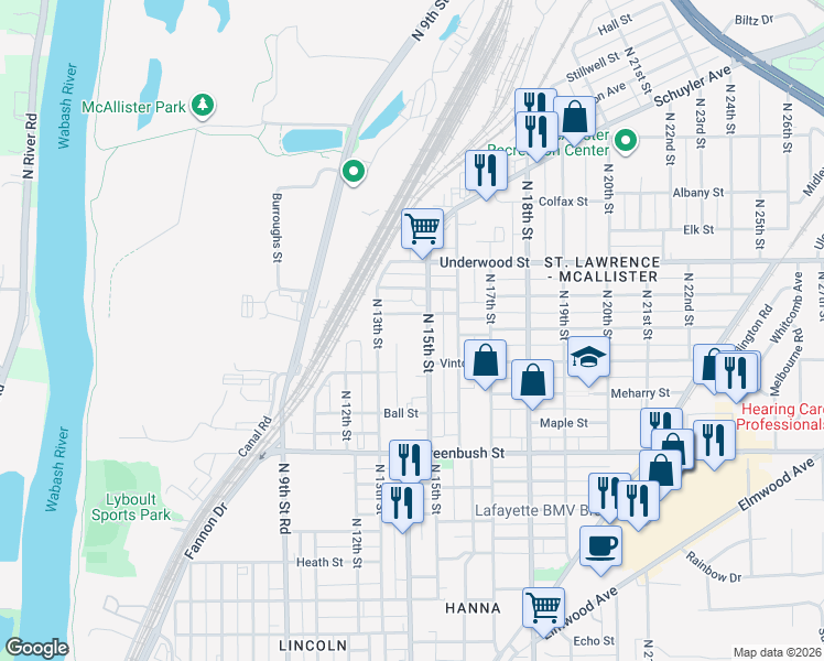 map of restaurants, bars, coffee shops, grocery stores, and more near 1827 North 15th Street in Lafayette