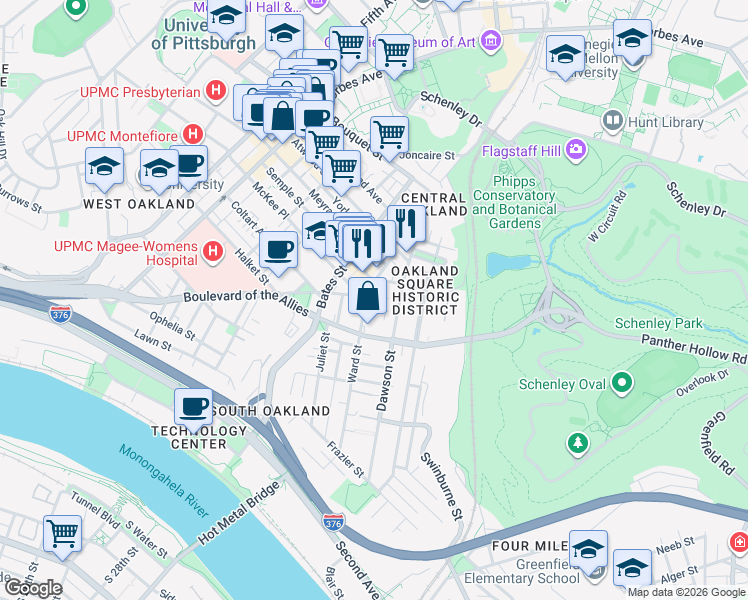 map of restaurants, bars, coffee shops, grocery stores, and more near 3441 Ward Street in Pittsburgh