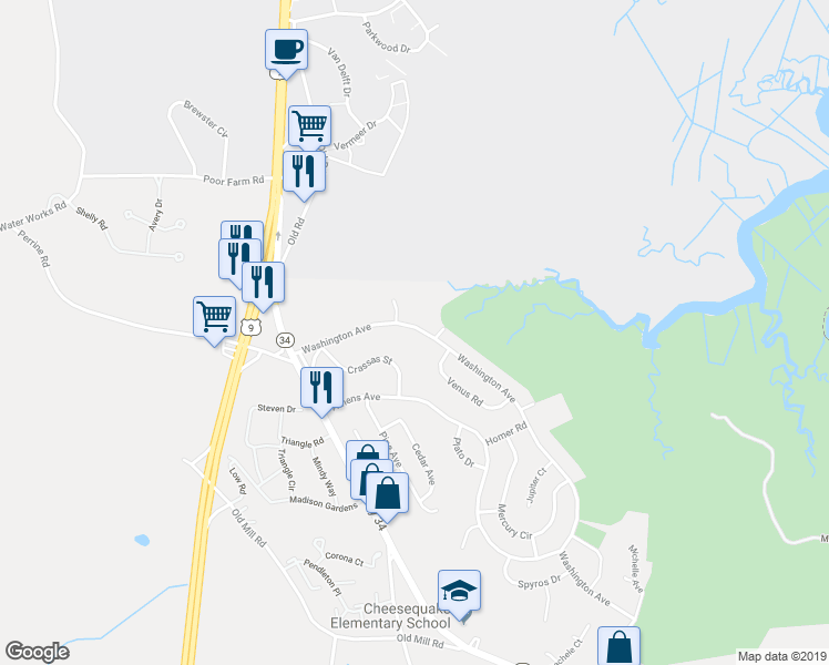 map of restaurants, bars, coffee shops, grocery stores, and more near 43 Washington Avenue in South Amboy