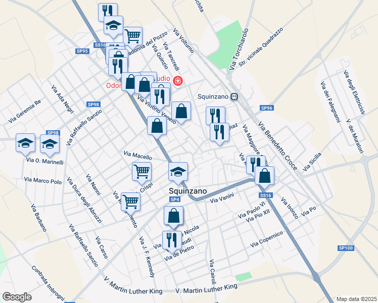map of restaurants, bars, coffee shops, grocery stores, and more near in Squinzano