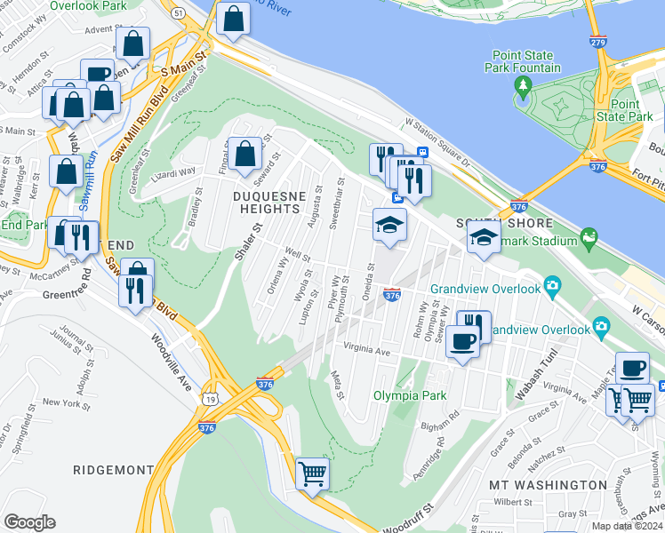 map of restaurants, bars, coffee shops, grocery stores, and more near 353 Sweetbriar Street in Allegheny