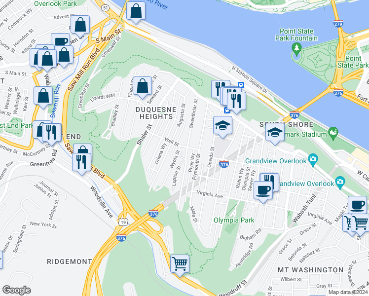 map of restaurants, bars, coffee shops, grocery stores, and more near 400 Sweetbriar Street in Pittsburgh