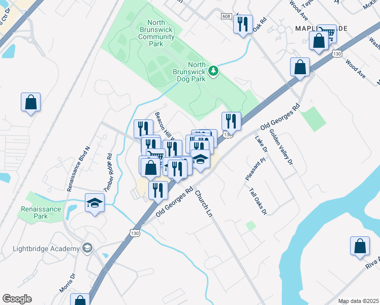 map of restaurants, bars, coffee shops, grocery stores, and more near 307 Plymouth Road in North Brunswick Township