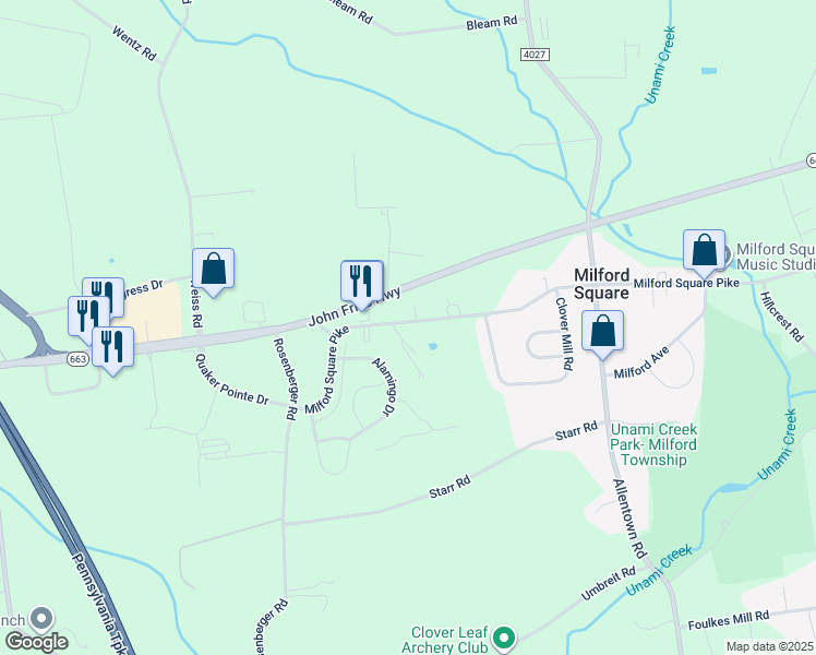 map of restaurants, bars, coffee shops, grocery stores, and more near 2063 Milford Square Pike in Quakertown