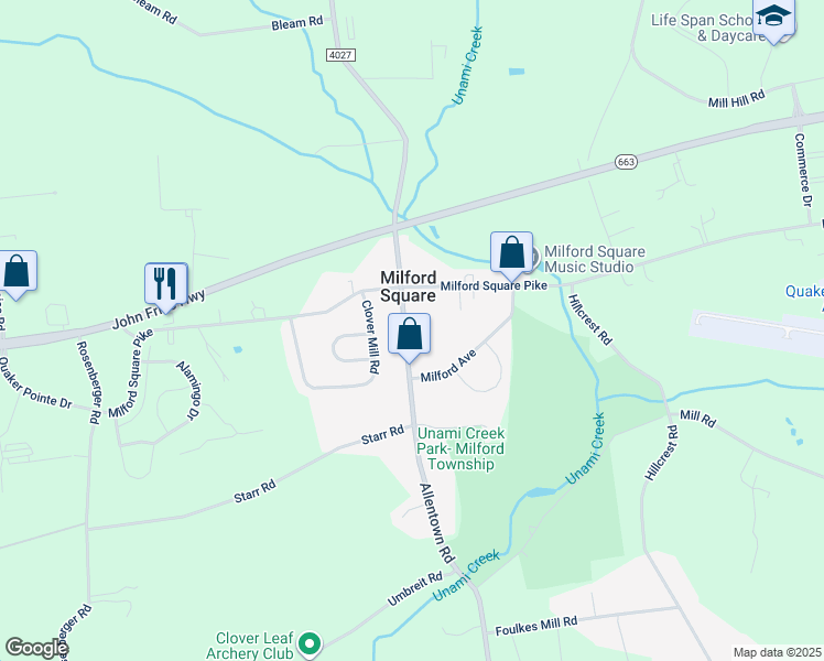 map of restaurants, bars, coffee shops, grocery stores, and more near 2071 Allentown Road in Quakertown