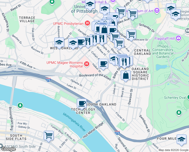 map of restaurants, bars, coffee shops, grocery stores, and more near 3330 Niagara Street in Pittsburgh