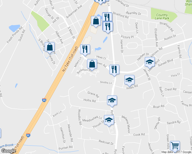 map of restaurants, bars, coffee shops, grocery stores, and more near 15 Firethorn Court in East Brunswick