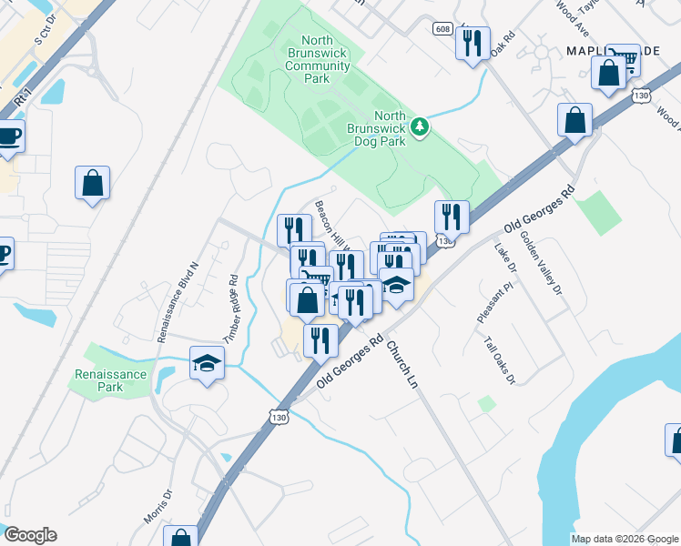 map of restaurants, bars, coffee shops, grocery stores, and more near 396 Renaissance Road in North Brunswick Township