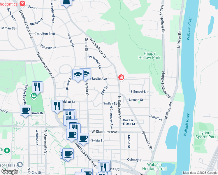 map of restaurants, bars, coffee shops, grocery stores, and more near 1016 Vine Street in West Lafayette