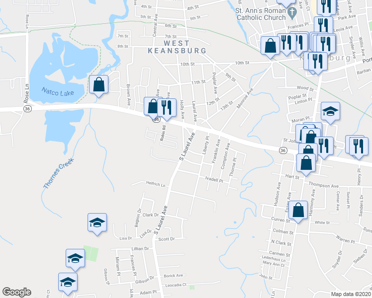 map of restaurants, bars, coffee shops, grocery stores, and more near South Laurel Avenue & Sidney Terrace in Keansburg
