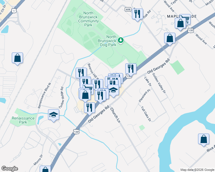 map of restaurants, bars, coffee shops, grocery stores, and more near 306 Plymouth Road in North Brunswick Township