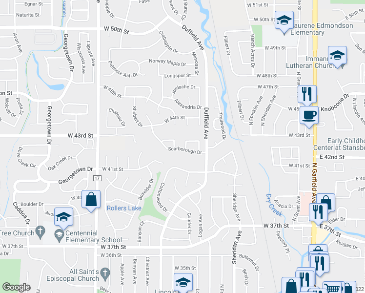 map of restaurants, bars, coffee shops, grocery stores, and more near 889 Essex Drive in Loveland